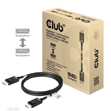 Club3D DisplayPort 2.1 Bi-Directional VESA DP80 Certified Cable 4K120Hz, 8K60Hz or 10K30Hz M/M 1.2m