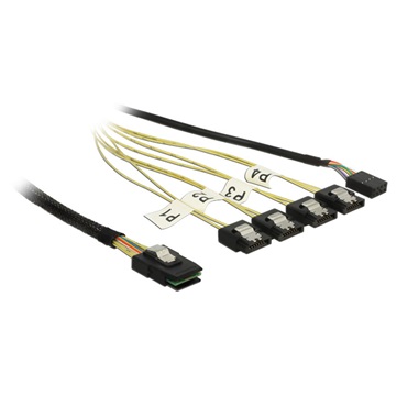 Delock 83318 Kábel Mini SAS SFF-8087 > 4 x 7 tus SATA fordított + oldalsáv, 0,5 m