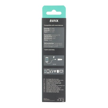 AVAX CC601B CARLY+ USB A + Type C 40W gyors autós töltő, fekete