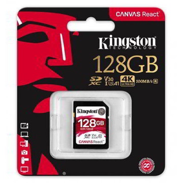 Kingston 128GB SD Canvas React (SDXC Class 10 UHS-I U3) (SDR/128GB) memória kártya