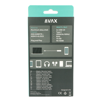 AVAX HB612 CONNECT+ 8in1 Multi HUB 2xUSB 3.0, TypeC, HDMI(4K/60Hz), RJ45, TF/SD, PD 100W