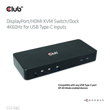 Club3D DisplayPort/HDMI KVM Switch/Dock 4K60Hz For USB Type-C kimenet