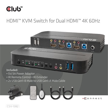 Club3D HDMI KVM kapcsoló két HDMI 4K 60Hz-hez