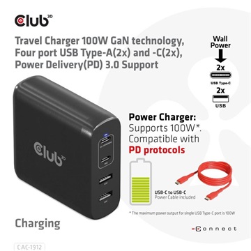 Club3D USB-C Power Adapter 100W EU -  Hálózati töltő