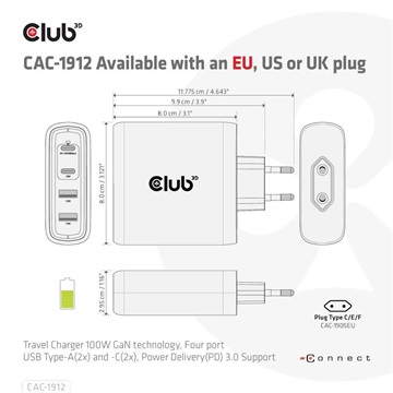 Club3D USB-C Power Adapter 100W EU -  Hálózati töltő