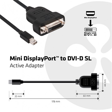 Club3D MINI DISPLAY PORT 1.1 MALE TO SINGLE LINK DVI-D FEMALE ACTIVE ADAPTER