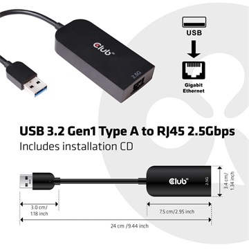 Club3D USB 3.2 Gen1 Type A to RJ 45 2.5 Gbps Adapter