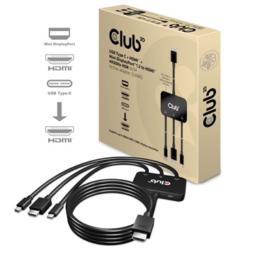 Club3D USB Type C + HDMI + MiniDisplayPort 1.2 to HDMI 4K60Hz HDR M/M Active Adapter 32AWG