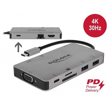 Delock 87735 USB-C dokkoló állomás 4K - HDMI / VGA / USB 3.1 / SD / LAN / PD 3.0