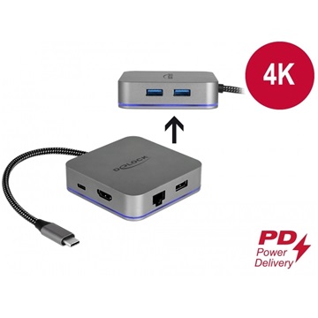 Delock 87742lock USB-C dokkoló állomás mobil eszközökhöz 4K - HDMI / Hub / LAN / PD 3.0 LED kijelzővel