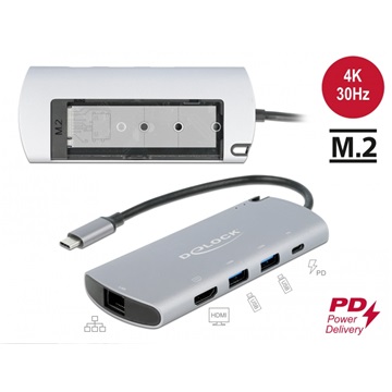 Delock 87767 USB-C dokkoló állomás M.2 nyílással - 4K HDMI / USB / LAN / PD 3.0