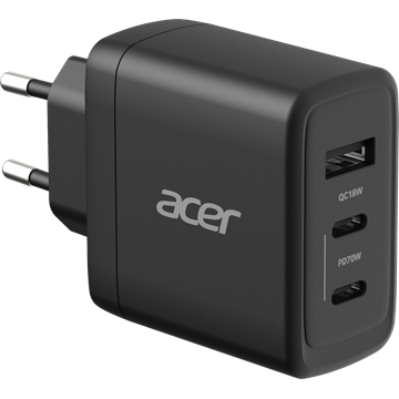 Acer 70W PD GaN Charger, 2 x USB C and 1 x USB A, EU Plug, 100W USB C cable, Black (Retail Pack)