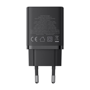 Baseus Cube hálózati gyorstöltő 30W, USB Type-C + 2×USB Type-A, fekete