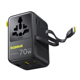 Baseus EnerCore CG11 töltőállomás, 70W, 1×AC + 2×USB Type-A + 1×USB Type-C + 1×USB Type-C automata behúzós kábel, fekete