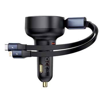 Baseus Enjoyment Pro autós gyorstöltő 60W, USB Type-C + USB Type-C/iPhone automata behúzós kábel, fekete