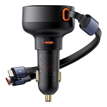 Baseus Enjoyment Pro autós gyorstöltő 60W, USB Type-C + USB Type-C/iPhone automata behúzós kábel, fekete