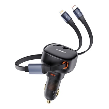 Baseus Enjoyment Pro autós gyorstöltő 60W, USB Type-C + USB Type-C/iPhone automata behúzós kábel, fekete