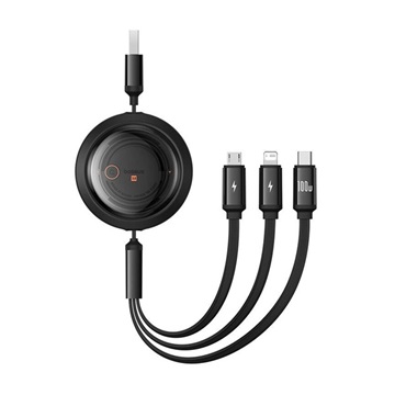 Baseus Free2Draw Crystal USB Type-C – iPhone+USB Type-C+Micro, 100W automata behúzós gyorstöltő adatkábel, 1.1m, fekete