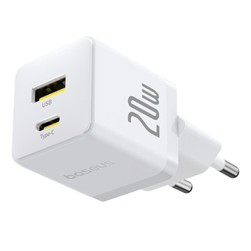 Baseus Palm hálózati gyorstöltő 20W, USB Type-C + USB Type-A, fehér