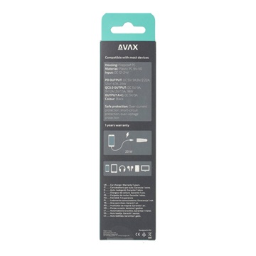 AVAX CC302B CARLY USB A (QC)+Type C (PD) 20W autós töltő, fekete