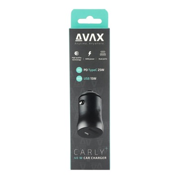 AVAX CC601B CARLY+ USB A + Type C 40W gyors autós töltő, fekete