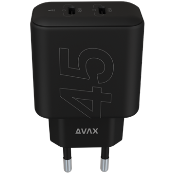 AVAX CH602B SPEEDY+ 2x Type C  (PD) 45W gyors hálózati töltő, fekete