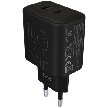 AVAX CH602B SPEEDY+ 2x Type C  (PD) 45W gyors hálózati töltő, fekete