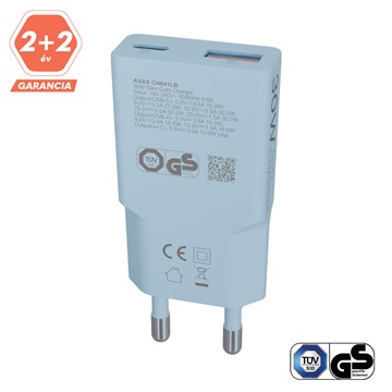 AVAX CH641LB NANO SLIM 30W töltő adapter USB-C (PD3.0)+USB-A (QC3.0), világoskék