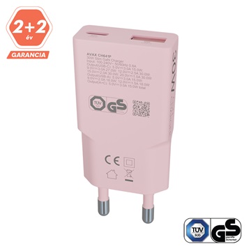 AVAX CH641P NANO SLIM 30W töltő adapter USB-C (PD3.0)+USB-A (QC3.0), rózsaszín