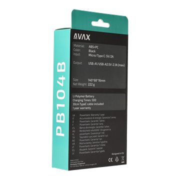 AVAX PB104B LIGHTY Type-C Powerbank 10.000mAh, fekete