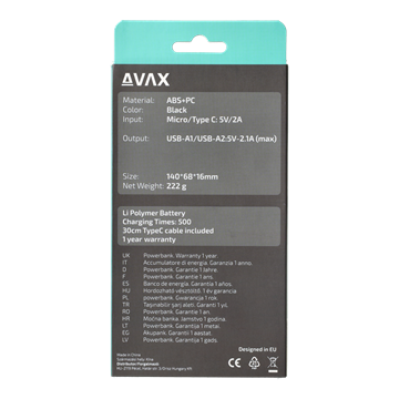 AVAX PB104B LIGHTY Type-C Powerbank 10.000mAh, fekete