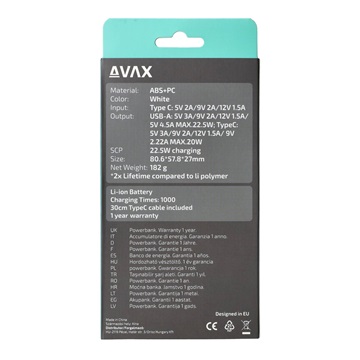 AVAX PB105W MINI PD/Type-C 20W gyorstöltő Powerbank 10.000mAh, fehér