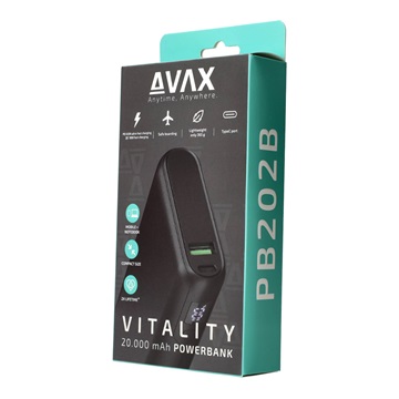 AVAX PB202B VITALITY PD/Type C 65W+QC 18W gyorstöltő Powerbank 20.000mAh, fekete