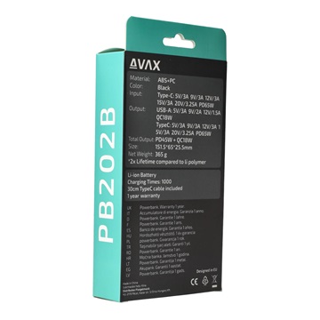 AVAX PB202B VITALITY PD/Type C 65W+QC 18W gyorstöltő Powerbank 20.000mAh, fekete
