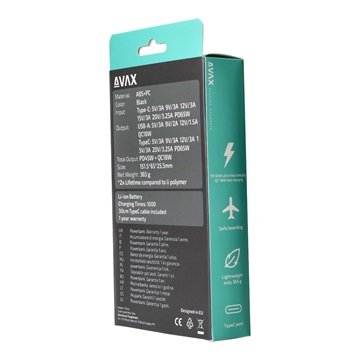 AVAX PB202B VITALITY PD/Type C 65W+QC 18W gyorstöltő Powerbank 20.000mAh, fekete