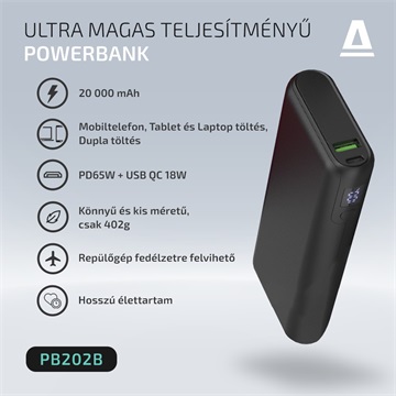 AVAX PB202B VITALITY PD/Type C 65W+QC 18W gyorstöltő Powerbank 20.000mAh, fekete