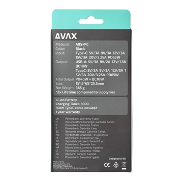 AVAX PB202B VITALITY PD/Type C 65W+QC 18W gyorstöltő Powerbank 20.000mAh, fekete - Dobozsérült termék