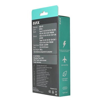 AVAX PB202W VITALITY PD/Type C 65W+QC 18W gyorstöltő Powerbank 20.000mAh, fehér