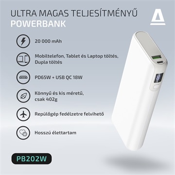 AVAX PB202W VITALITY PD/Type C 65W+QC 18W gyorstöltő Powerbank 20.000mAh, fehér