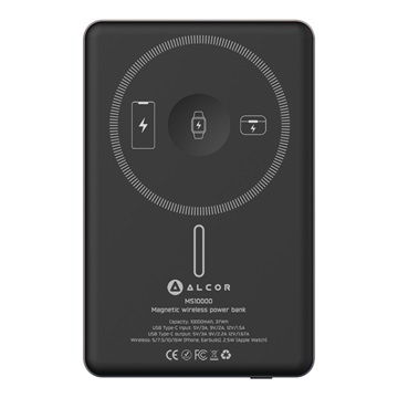 Alcor MS10000 Qi2 MagSafe Mágneses, vezeték nélküli vésztöltő, 10000 mAh, 20 W - fekete