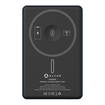 Alcor MS10000 Qi2 vezeték nélküli vésztöltő / külső akkumulátor 10000 mAh, 20 W - kék