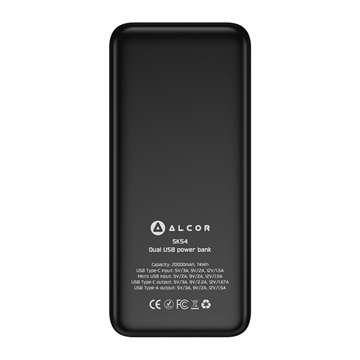 Alcor SK54 vésztöltő / külső akkumulátor 20000 mAh, 20 W – fekete