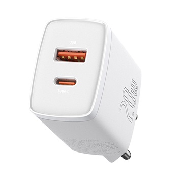 Baseus Compact hálózati gyorstöltő 20W, USB Type-C + USB Type-A, fehér