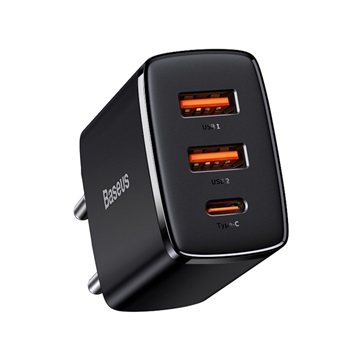 Baseus Compact hálózati gyorstöltő 30W, USB Type-C + 2×USB Type-A, fekete
