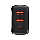 Baseus Compact hálózati gyorstöltő 30W, USB Type-C + 2×USB Type-A, fekete