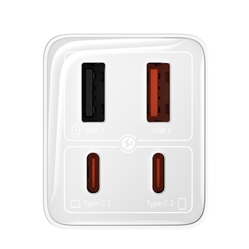 Baseus GaN6 Pro hálózati gyorstöltő 65W, 2×USB Type-C + 2×USB Type-A, fehér + 100W USB Type-C, 1m kábel