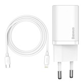 Baseus Super Si hálózati gyorstöltő 20W, USB Type-C, fehér + 100W USB Type-C – iPhone, 1m kábel