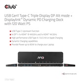 Club3D USB Gen1 Type-C Triple Display DP Alt mode Displaylink Dynamic PD Töltődokkoló - 120 Watt PS