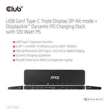 Club3D USB Gen1 Type-C Triple Display DP Alt mode Displaylink Dynamic PD Töltődokkoló - 120 Watt PS