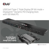 Club3D USB Gen1 Type-C Triple Display DP Alt mode Displaylink Dynamic PD Töltődokkoló - 120 Watt PS